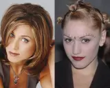 Ikony stylu lat 90.: Jennifer Aniston z klasyczną fryzurą i Gwen Stefani z odważnym makijażem i upięciem.