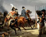 Reiter und Soldaten in Uniformen, die an die napoleonischen Kriege erinnern, stehen auf einem Schlachtfeld.