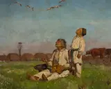 Dwaj mężczyźni w strojach ludowych patrzą w niebo, gdzie lecą ptaki. W tle wieś i krowy. Obraz w stylu naturalizm.
