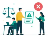 Pracownik otrzymuje upomnienie. Na tablicy ostrzeżenie, obok waga sprawiedliwości i czerwony krzyżyk.