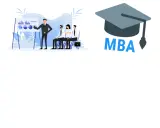 Prezentacja biznesowa z wykresami i ludźmi, obok czapka absolwenta z napisem MBA. Sprawdź wymagania MBA.
