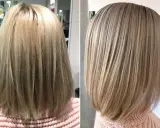 Vorher-Nachher-Vergleich einer Frisur: Wenig Haare Frau wirkt voller und glänzender nach dem Schnitt.