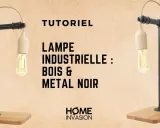 Lampe industrielle DIY en bois et métal noir, style loft. Un tutoriel pour créer votre propre luminaire.