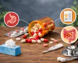 Gdy antybiotyk nie pomaga dziecku, pojawiają się problemy z żołądkiem i jelitami. Na stole leki, termometr, chusteczki i stetoskop.