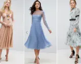 Tre abiti eleganti per un matrimonio a dicembre: uno color pesca con ricami floreali, uno azzurro con plissettatura e pizzo, e uno a fantasia floreale con maniche lunghe.