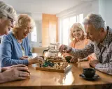 Uśmiechnięci seniorzy grają w szachy przy kawie i ciastkach. To piękny przykład, co to senior – radość życia i wspólne chwile.