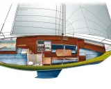 Coupe d'un voilier Aquavit, révélant un intérieur confortable avec cabine, cuisine et coin repas.