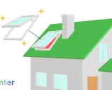 Ein Haus mit grünem Dach, ein Schornstein und ein Dachfenster werden gezeigt. Ein neues Dachfenster wird über einem alten dargestellt. Informationen zu velux dachfenster austauschen kosten sind hier relevant.