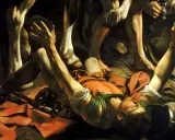 La conversion de saint Paul par Caravage : Paul, tombé de cheval, reçoit la lumière divine. Ses bras levés implorent, tandis que les jambes du cheval dominent la scène.