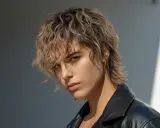 Dziewczyna z charakterystyczną fryzurą wolf cut, w skórzanej kurtce, patrzy prosto w obiektyw.