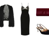 Tubino nero con dettagli gioiello, pochette bordeaux e scarpe basse eleganti. Un outfit perfetto per una serata speciale.