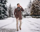 Man in stylish winter cocktail attire for men, wearing a brown coat and scarf, walks through a snowy park while on the phone.