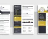 Szablony CV z sekcjami: dane kontaktowe, profil, wykształcenie, doświadczenie, umiejętności, zainteresowania.