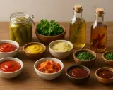 Assortiment de sauces et condiments : ketchup, moutarde, cornichons, herbes, huiles aromatisées. Les 10 sauces les plus utilisés pour accompagner vos plats.