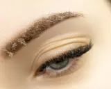 Gros plan sur un sourcil en cours de guérison après un maquillage permanent, montrant des croûtes et des poils. Soins après maquillage permanent sourcils.