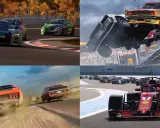 Kolaż scen z gier samochodowych: wyścigi na torze, szalona jazda terenowa, kraksy i bolidy F1.