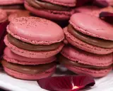 Macarons roses à la ganache chocolat, parfaits pour une recette ganache framboise macaron. Pétales de rose sombres ajoutent une touche élégante.