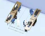 Vue aérienne montrant la distance entre 2 bureaux dos à dos, avec des mesures de 70 cm, 90 cm et 230 cm.