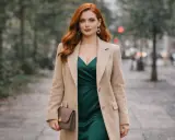 Elegancka kobieta w beżowym płaszczu o klasycznym fasonie, z zieloną sukienką i brązową torebką.