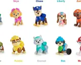 Kolekcja zabawek z Psiego Patrolu: Rocky, Skye, Chase, Liberty, Zuma, Tracker, Rubble, Everest, Rex i Marshall gotowi do akcji.