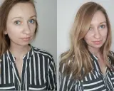 Vorher/Nachher-Vergleich: Frau mit dünnem Haar und dann vollerem, glänzenderem Haar. Hilft wirklich bei Haarausfall bei Frauen.
