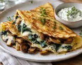Herzhafte Pfannkuchen gefüllt mit Spinat und Pilzen, überbacken mit Käse, serviert mit Kräuterquark.