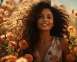 Une jeune femme souriante, entourée de fleurs orangées, ses **cheveux épais** ondulant au vent.