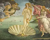 La Nascita di Venere agli Uffizi: Venere su una conchiglia, spinta da Zefiro e Aura, accolta da una ninfa.