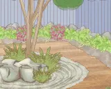 Un sereno jardín zen japonés con rocas, helechos y suculentas. El camino de madera serpentea entre la vegetación, invitando a la contemplación.