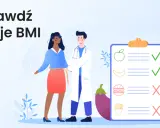 Lekarz mierzy talię pacjentki, obok lista z produktami i zaznaczone zdrowe wybory. Sprawdź swoje BMI i jego granice.