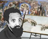 A stylized Michelangelo drawing gazes at his iconic fresco, "The Creation of Adam," a testament to his artistic genius.