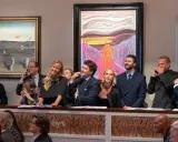 Bidders at Sotheby's and Christie's auctions engage in lively bidding wars, with a vibrant rendition of "The Scream" and other artworks as backdrops.