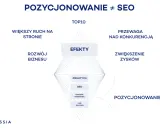 Diagram pokazuje, jak optymalizacja SEO, analityka, content marketing i link building prowadzą do efektów: większego ruchu, rozwoju biznesu, przewagi nad konkurencją i zysków.