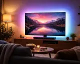 Relaks w salonie z kolorowymi lampami nad telewizorem, tworzącymi nastrojową atmosferę.