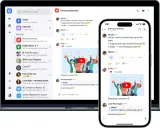 Comunicación en equipo: una pantalla muestra un chat de anuncios con mensajes, videos y reacciones, fomentando el trabajo en equipo.