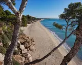 Blick auf den Strand von Calafell, Spanien, mit Pinien im Vordergrund und dem türkisfarbenen Meer.