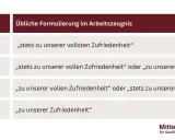 Tabelle zeigt Schulnoten und ihre Formulierungen im Arbeitszeugnis: Sehr gut (1), Gut (2), Befriedigend (3), Ausreichend (4).