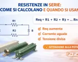 Schema di resistenze in serie con formula Req=R1+R2+...Rn. La resistenza elettrica totale aumenta, la corrente è uguale e la tensione si divide.