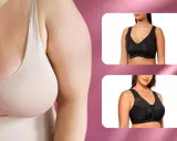 Un seno a campana valorizzato da un reggiseno beige. A destra, due modelli neri: uno liscio e uno con pizzo.