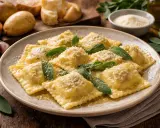 Un piatto di tortelli del Mugello, ripieni e conditi con burro, salvia e parmigiano. Sullo sfondo patate, aglio e ingredienti per la preparazione.