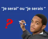 Un jeune homme réfléchit à la différence entre "je serai" et "je serais", un point d'interrogation rouge à côté.