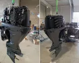 Moteur de bateau suspendu pour révision. Le bloc moteur complexe est visible, prêt pour une maintenance approfondie.