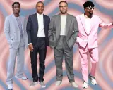 Four men in stylish suits with sneakers. A$AP Rocky in a light blue suit, Frank Ocean in a dark suit, Seth Rogen in a grey suit, and Bad Bunny in a pink suit.