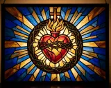 Vitrail rayonnant : le cœur sacré, entouré d'épines et de flammes, symbolise l'amour divin. La signification cœur sacré tattoo est ici magnifiquement représentée.