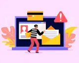 Złodziej kradnie dane z laptopa, przykład clickbaitu. Karta kredytowa i ostrzeżenie.