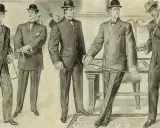 Five men in vintage cocktail attire, showcasing suits, hats, and accessories.