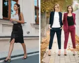 Eleganckie stylizacje na imprezę: czarna spódnica z zamkiem i szpilki, dwie kobiety w garniturach – granatowym i bordowym.