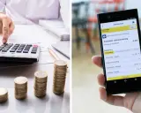 Person räknar på miniräknare med myntstaplar. En mobil visar en preliminär skatteuträkning, en del av vinst skatt.