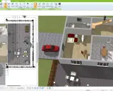 Der 3D-Grundriss eines Atriumhauses zeigt Wohnräume, Terrasse und Garten. Ein rotes Auto parkt vor dem Haus.