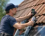 Installatör på taket kontrollerar solpanelernas solvinkel med en app på mobilen.